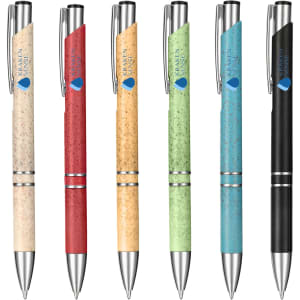 A range of eco-friendly plastic pens in red, blue, green, black, cream, and tan, each featuring a logo.