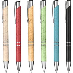 A collection of eco-friendly plastic pens in red, green, blue, beige, and black, featuring silver accents and branding.