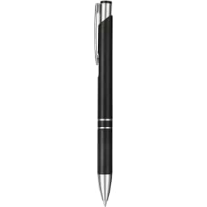 A black ballpoint pen with a sleek design and silver accents, featuring a clip and branding.