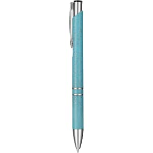 A blue eco-friendly pen with a sleek design. The pen features a silver clip and accents. It has a logo on the barrel.