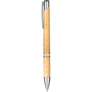 A eco-friendly pen with a cork barrel, silver accents, and a sleek design, featuring a logo.