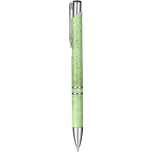 A green eco-friendly plastic pen with a silver clip and detailing. It features a logo on the barrel.