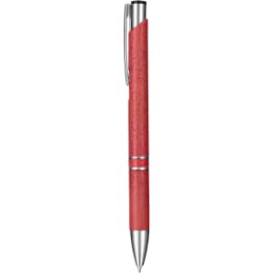 A red eco-friendly pen with a silver clip and detailing. The pen features a sleek design and a branding logo.