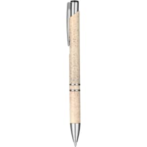 A pen with a natural cork body and silver chrome accents, featuring a logo on the side.