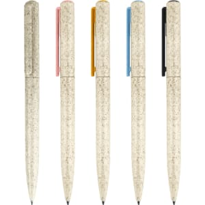 A set of five eco-friendly pens in beige, with colour accents in pink, yellow, blue, and black. Each pen features a logo.