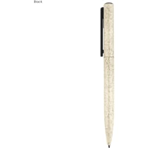 A pen in a cream shade with a textured surface and a black clip, featuring a logo on its side.