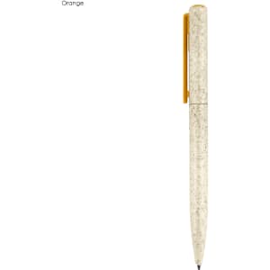 An orange and cream eco-friendly plastic pen featuring a yellow clip and a natural speckled design.