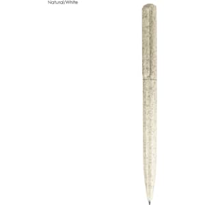 A natural and white eco-friendly plastic pen with a smooth design and a visible logo.