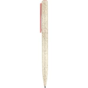 A beige eco-friendly pen with a pink clip, featuring a logo on the side.