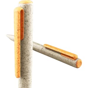 A grey and orange eco-friendly plastic pen with a textured finish, featuring a clip and a rounded tip.
