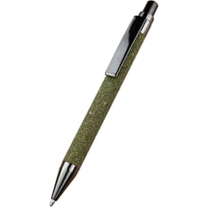 A green pen with a textured finish and a black clip, featuring a metallic tip and barrel.