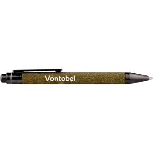 A green pen with a textured barrel and a black clip, featuring a logo.