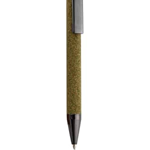 A pen with a textured, green cork grip and a shiny black tip, featuring a clip for attachment.