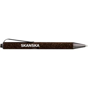 A brown pen with a textured surface, featuring a clip and a logo.