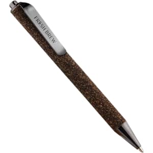 A brown pen with a textured surface, featuring a silver clip and branding.