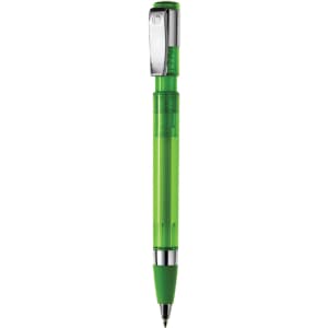 A green plastic pen with a chrome clip and grip, featuring a click mechanism. It has a logo on the body.