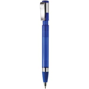 A blue plastic pen with a chrome clip and grip, featuring a sleek design. It has a branding logo on the barrel.