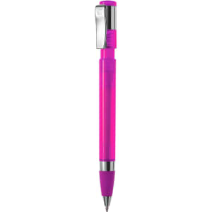 A pink plastic pen with a chrome clip and a rubber grip. It features a logo on the body.