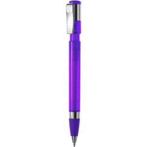 A purple plastic pen with a chrome clip and grip section. The design is sleek and modern, featuring a logo.