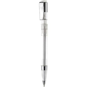 A plastic pen in white with chrome accents, featuring a sleek design and a clip.
