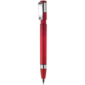 A red plastic pen with a chrome clip and grip, featuring a transparent barrel and a smooth writing tip.