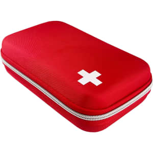 A red first aid case with a white emblem, featuring a zip closure. It has a durable, textured exterior.