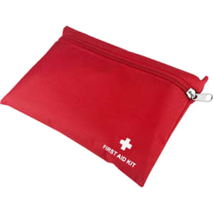 A red pouch featuring a zipper and a white cross logo, labelled as "FIRST AID KIT".