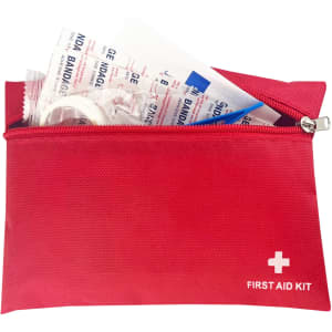 A red first aid pouch containing bandages, adhesive strips, and medical supplies, featuring a logo on the front.