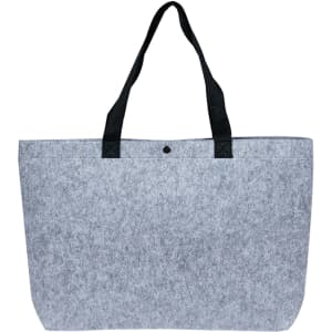 A grey felt tote bag with black straps and a single button closure. It features a logo on the front.