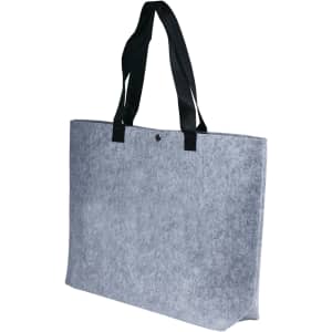 A grey felt tote bag with black handles and a simple design, featuring a logo.