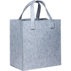 A grey felt tote bag with sturdy handles and a simple design. It features a logo on one side.
