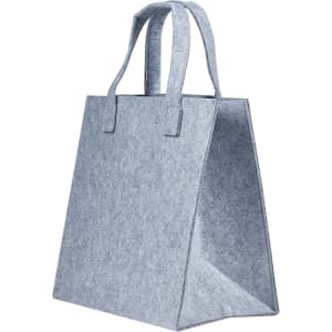 A grey tote bag made of felt with two sturdy handles and a structured shape.