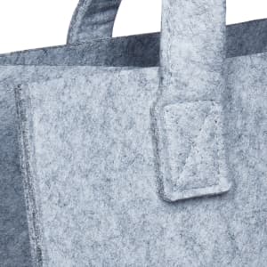 A grey felt tote bag featuring sturdy handles and a simple design with visible stitching details.