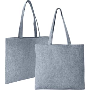 A grey tote bag made from felt, featuring two sturdy handles and a simple design. It has a logo on one side.