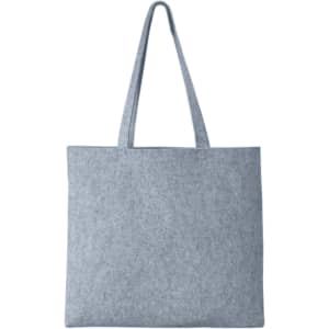 A grey tote bag with two long handles and a simple design, featuring a branding logo.