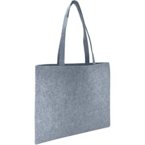 A grey felt tote bag with two sturdy handles and a minimalist design, featuring a logo on the front.