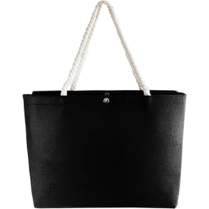 A black tote bag with white rope handles and a button closure. It has a minimalist design.
