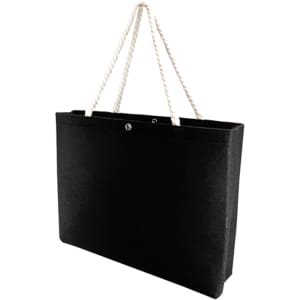 A black felt tote bag with rope handles, featuring a simple design and a logo.