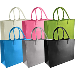 Avenue Felt Shopper tote bags in black, grey, blue, pink, green, and cream with matching handles and branding.
