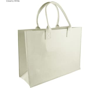 Creamy white tote bag with sturdy handles and a simple design, featuring a logo on one side.