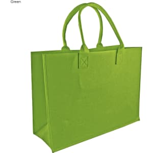 A green tote bag with two handles and a structured design, featuring a logo on one side.
