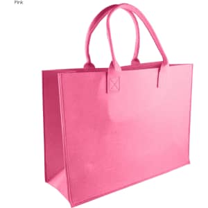 A pink tote bag with two handles, featuring a structured design and a simple, solid colour.
