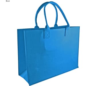 A blue felt tote bag with two handles, featuring a simple design and a logo on one side.