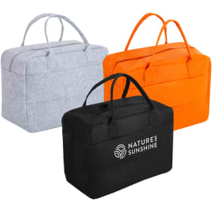 A felt travel bag collection in grey, orange, and black, featuring handles and a logo on one bag.