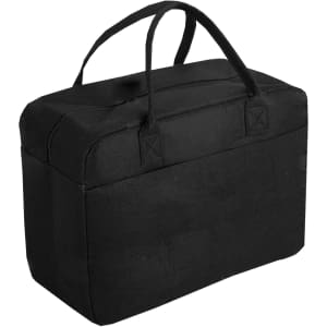 A black felt travel bag with two handles and a structured design. It features a simple, rectangular shape.