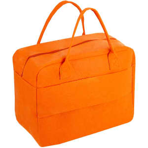 An orange felt travel bag with two handles and a zippered closure. It features a front pocket and a simple design.