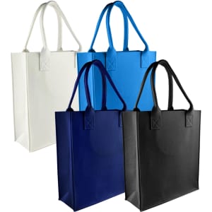 A collection of tote bags in white, blue, navy, and black, each with sturdy handles and a branding logo.