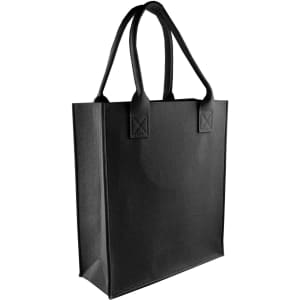 A black felt tote bag with dual handles and a structured design, featuring a logo on one side.