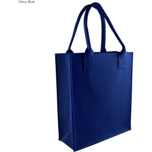 A navy blue tote bag with sturdy handles and a flat base, featuring a logo on the front.