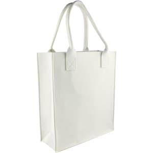 A white tote bag with sturdy handles and a square silhouette, featuring a logo on one side.
